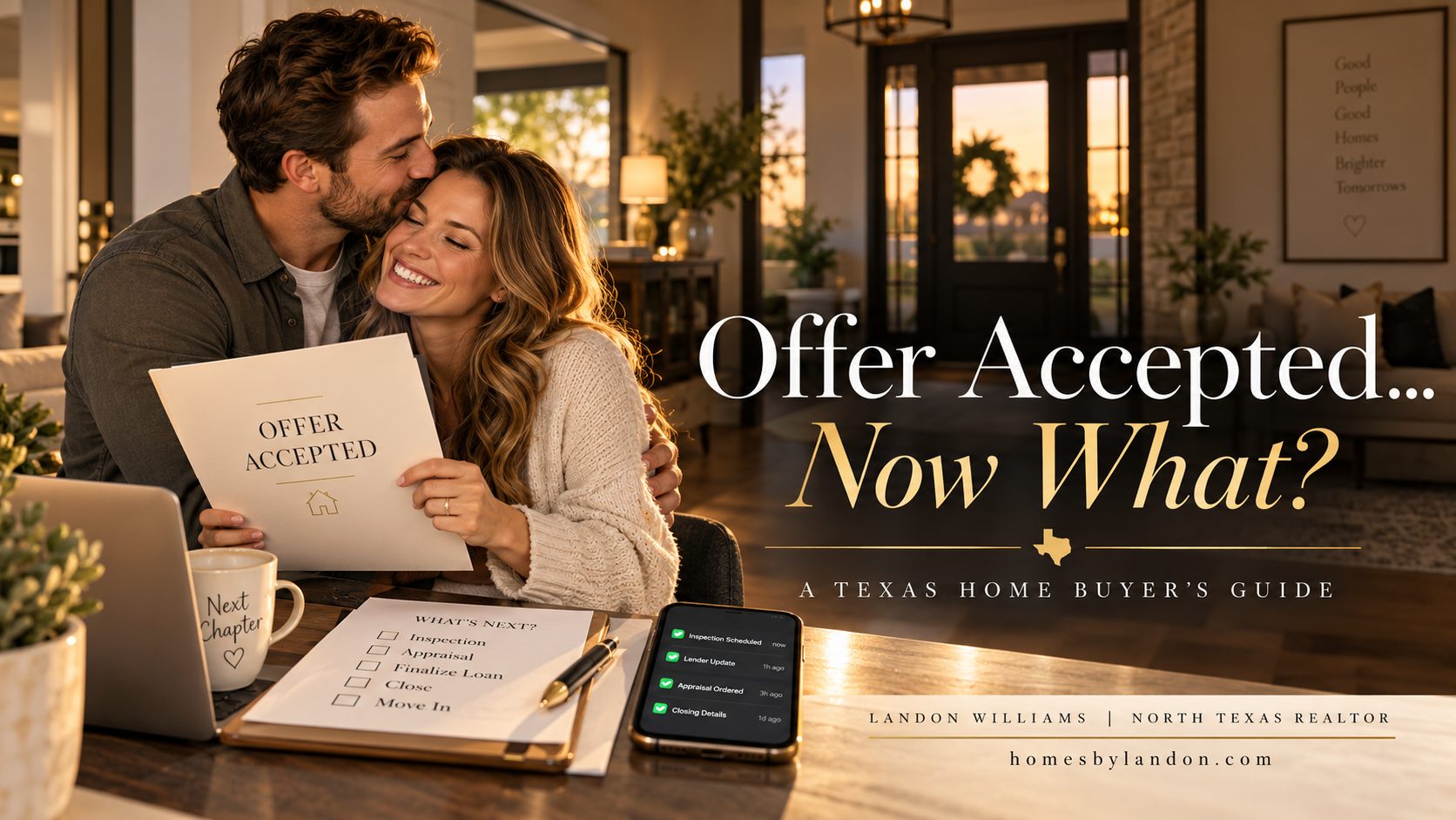 Happy couple celebrating an accepted home offer in Texas, with a guide explaining inspections, appraisals, financing and closing.